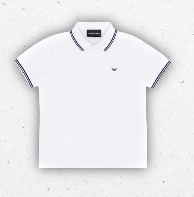 Polo Bambino Emporio Armani in Piquet Stretch Bianco Ottico con Profili a Righe