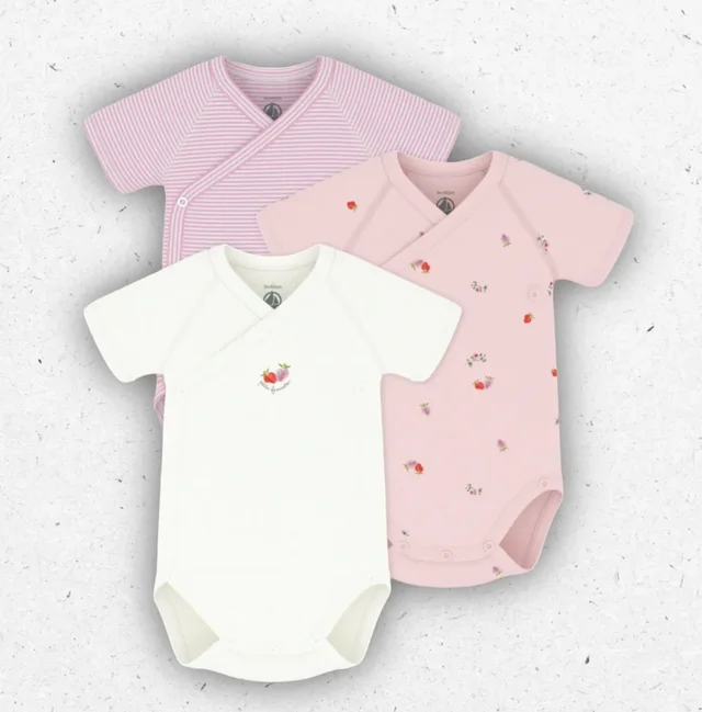 Set 3 Body Neonata Petit Bateau Incrociati a Maniche Corte in Cotone a Costine