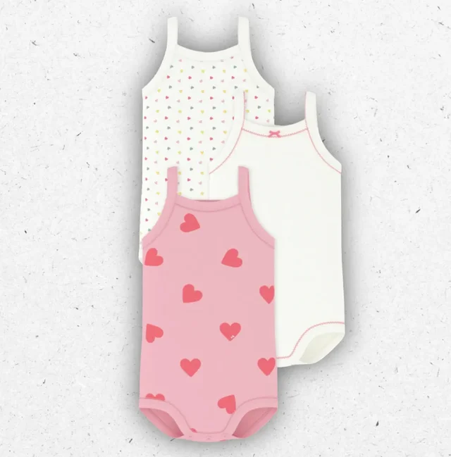 Set 3 Body Neonata Petit Bateau Senza Maniche a Costine con Stampa Cuori