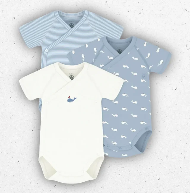 Set 3 Body Neonato Petit Bateau Incrociati Maniche Corte Stampa Balene e Millerighe