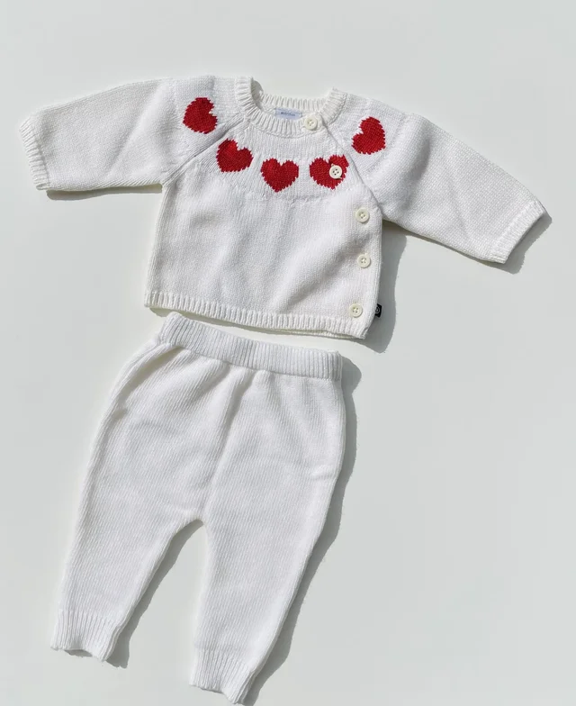 Set due pezzi Petit Bateau maglia e pantalone in lana bianco cuori per neonato