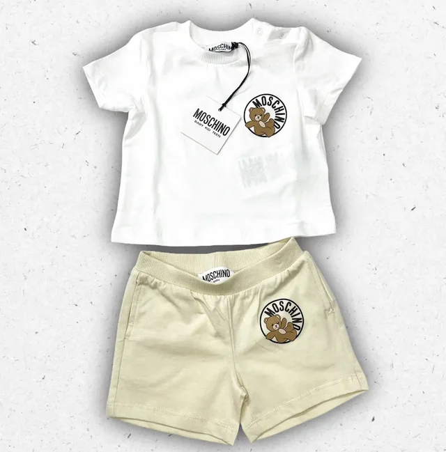 Set Moschino Baby T-shirt e Bermuda Panna con Circle Logo Teddy Bear