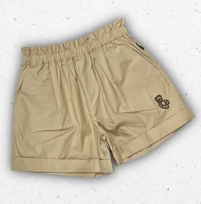Shorts Moschino Bambina Cammello in Popeline con Teddy Bear Ricamato