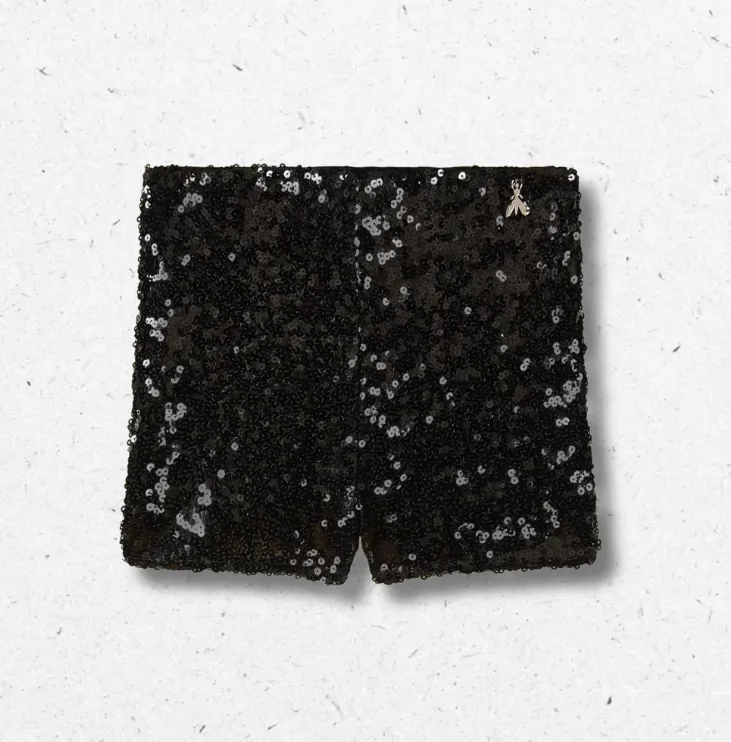 Shorts Patrizia Pepe da ragazza neri con paillette luccicanti, collezione Autunno Inverno 2026-2027