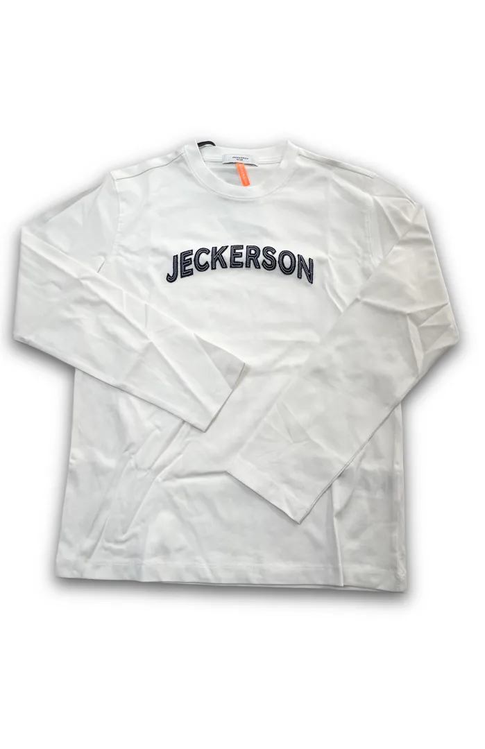 T-shirt a manica lunga Jeckerson per ragazzo, colore bianco, con logo Jeckerson in blu scuro con effetto 3D/imbottito.