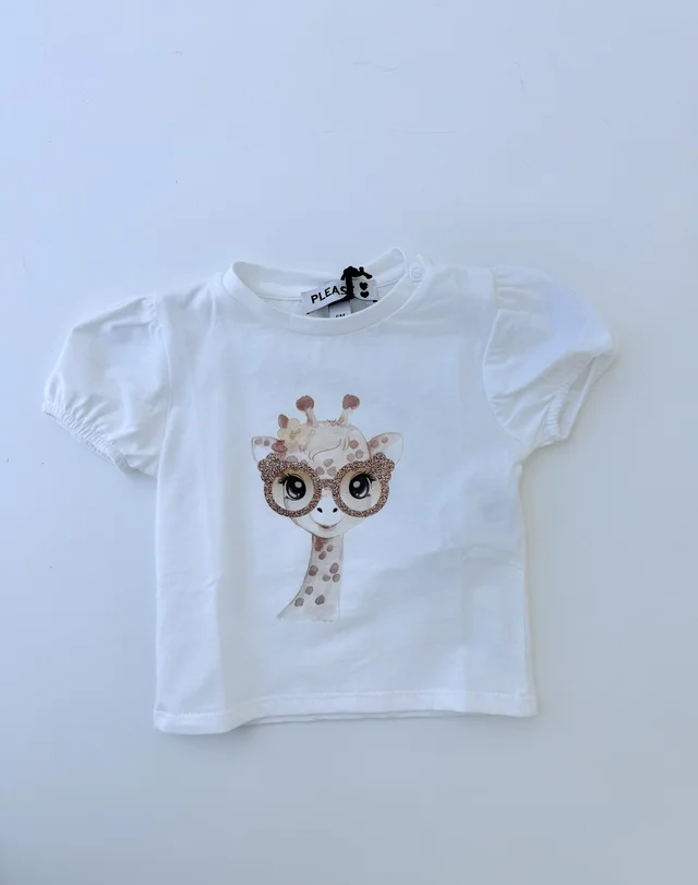 T-shirt a maniche corte bianca con stampa giraffa Please per neonata