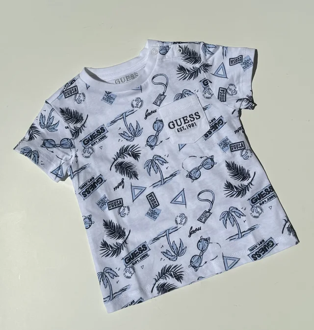 T-shirt a maniche corte in cotone bianco con fantasia Guess per bambino