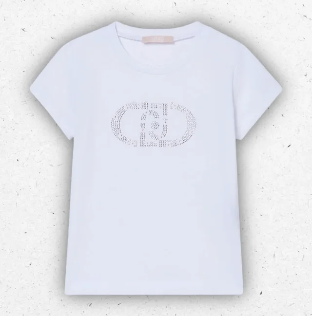 T-shirt Bambina Liu Jo Better Bianca in Cotone con Logo Monogram e Ricami Gioiello