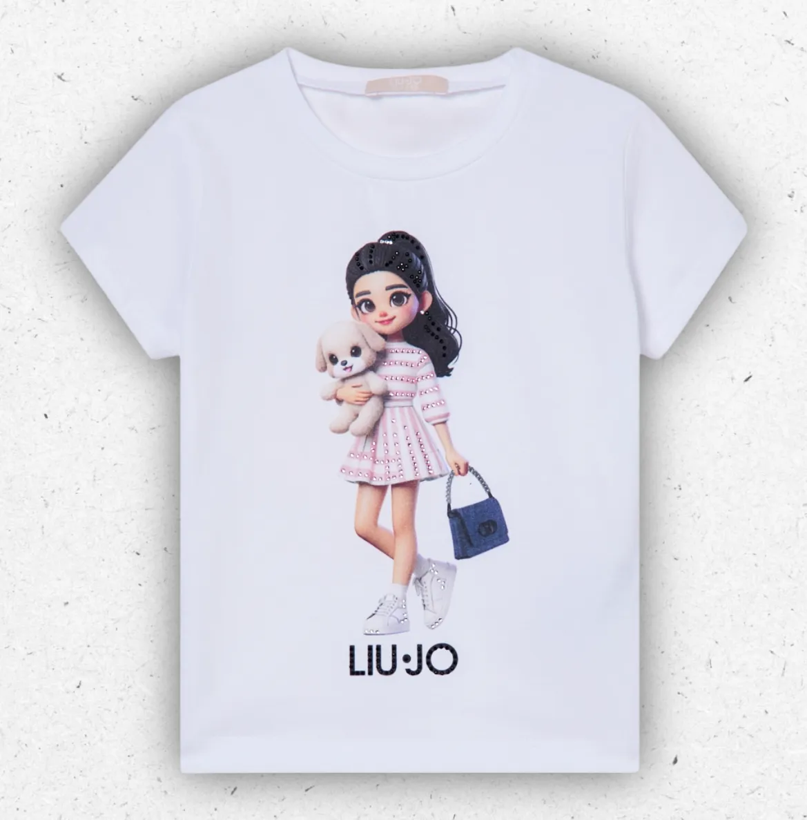 T-shirt bianca da bambina Liu Jo Better in jersey di cotone con una raffinata stampa frontale raffigurante una bambola.