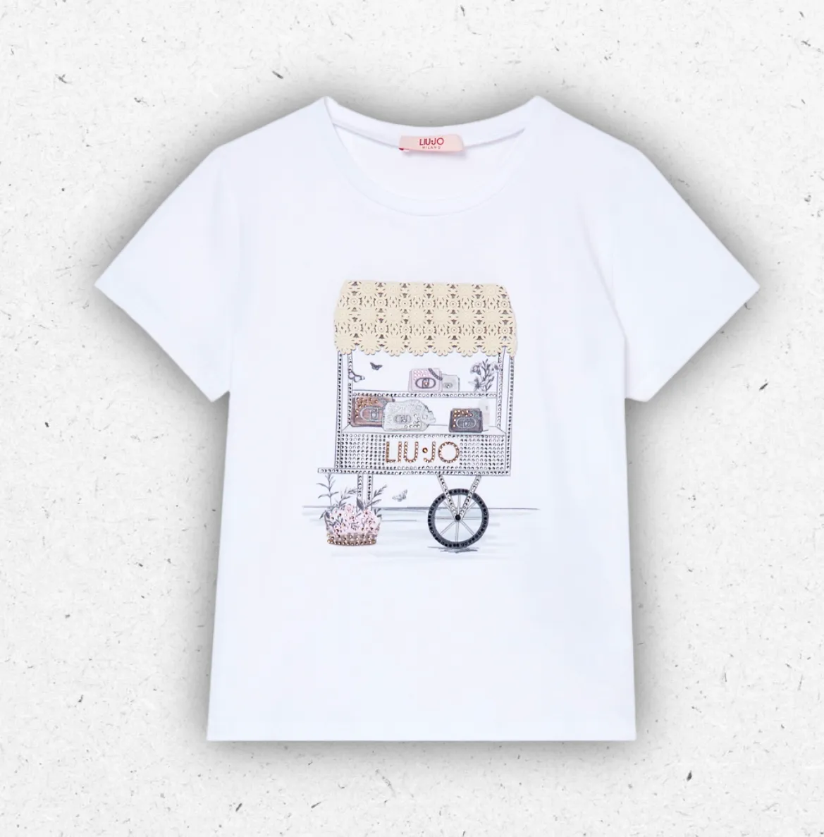 T-shirt bianca in jersey di cotone Liu Jo Better da bambina con stampa grafica e applicazioni luminose frontali.