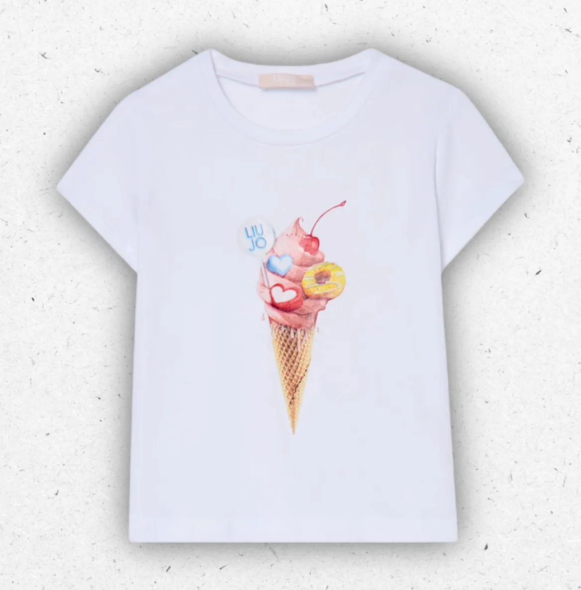 T-shirt bianca da bambina Liu Jo Better in jersey di cotone con una colorata stampa gelato sul davanti.