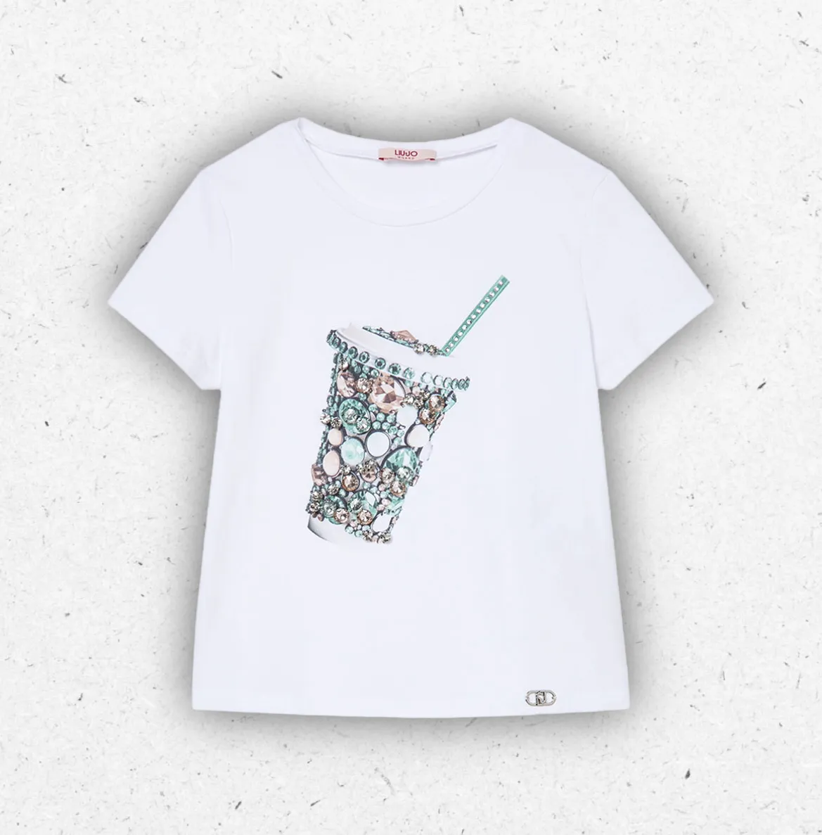 T-shirt bianca o verde Liu Jo Better da bambina con stampe grafiche estive arricchite da preziosi castoni gioiello.
