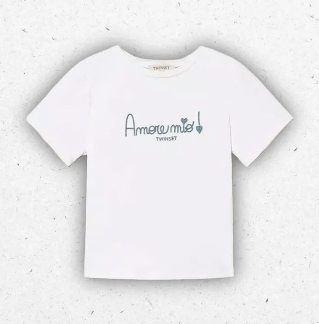 T-shirt Bambina Twinset Off White con Ricamo Punto Catenella Azzurro Chambray