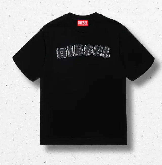 T-Shirt Bambino Diesel Oversize in Cotone con Scritta Logo Effetto Sfrangiato
