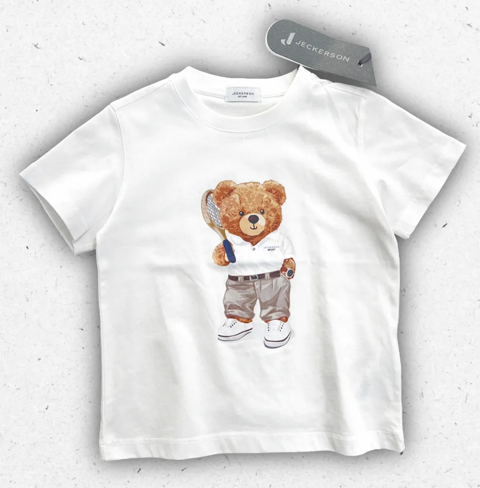 T-shirt bianca da bambino Jeckerson in jersey di cotone con stampa frontale e logo.