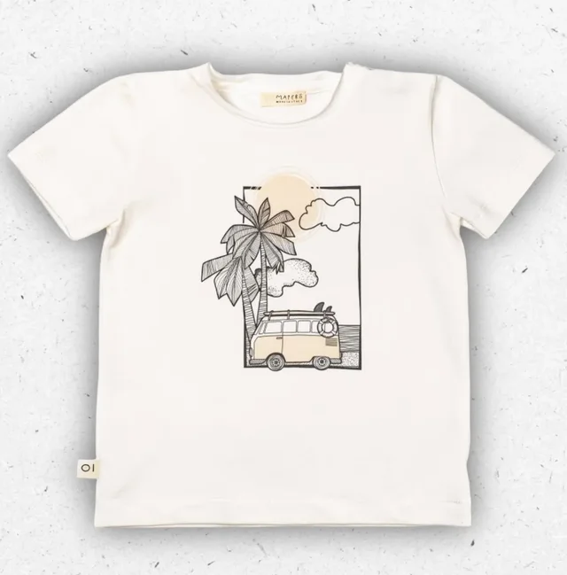 T-shirt Bambino Maperò Bianca in Cotone con Stampa Bus e Tavola da Surf da 2 a 6 Anni
