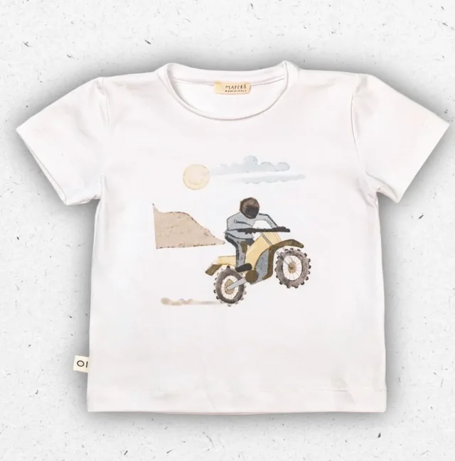 T-shirt Bambino Maperò Bianca in Cotone con Stampa Moto da 2 a 6 Anni