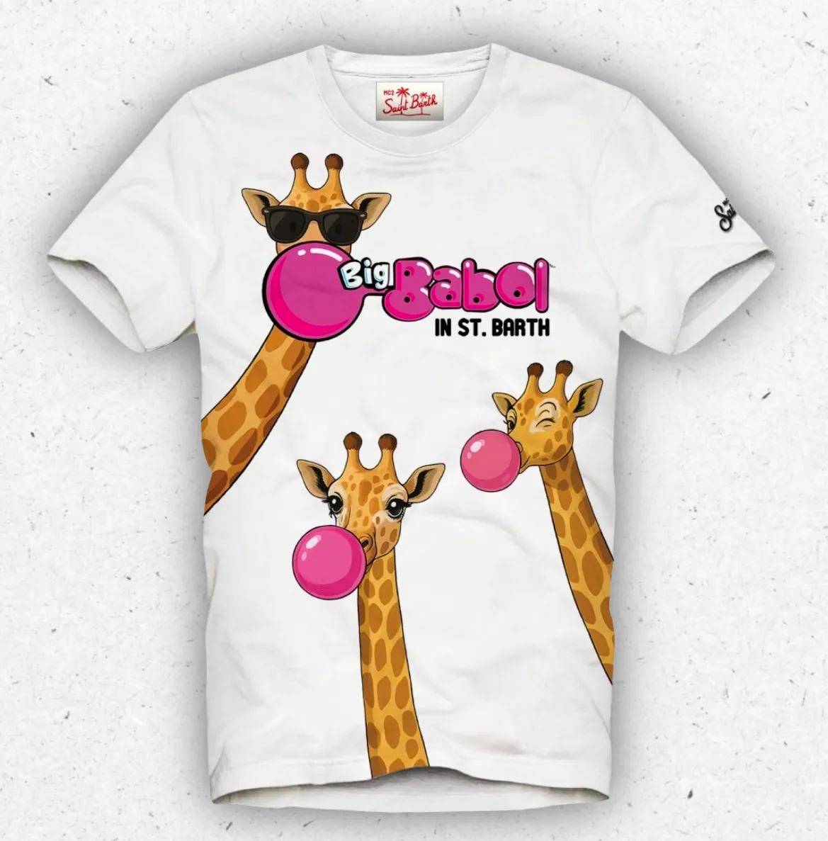 T-shirt bianca da bambino MC2 Saint Barth con stampa grafica di giraffe colorate e logo Big Babol.