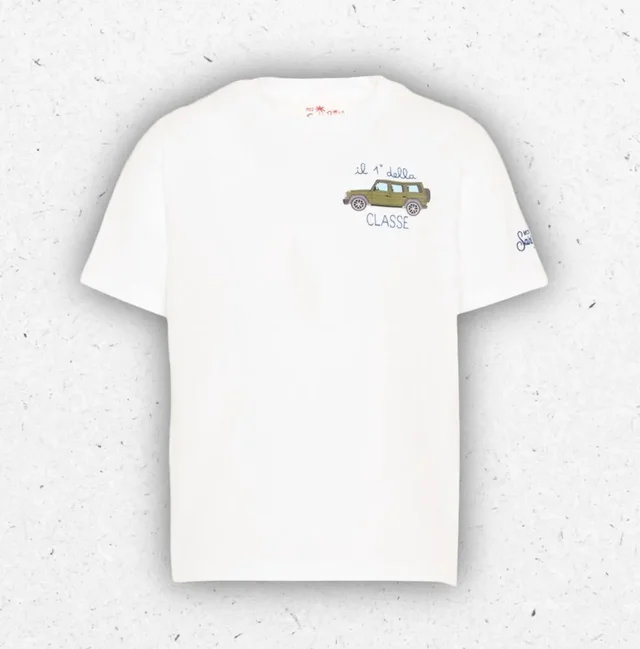 T-shirt Bambino MC2 Saint Barth Bianca Portofino Jr con Panda e Surf