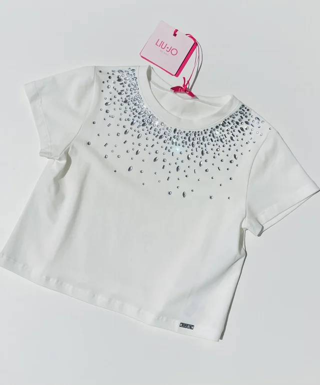 T-shirt bianca con brillantini a maniche corte per ragazza Liu Jo