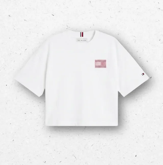 T-Shirt Corta Ragazza Tommy Hilfiger Bianca con Logo e Scritta Strass