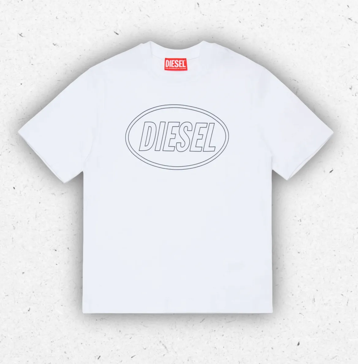 T-shirt Diesel ragazzo in cotone con logo ovale stampato sul petto, disponibile nei colori nero e verde, collezione Primavera Estate 2026.