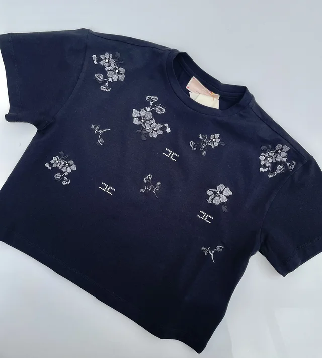 T-shirt Elisabetta Franchi La Mia Bambina nera con fiori ricamati e loghi in brillantini