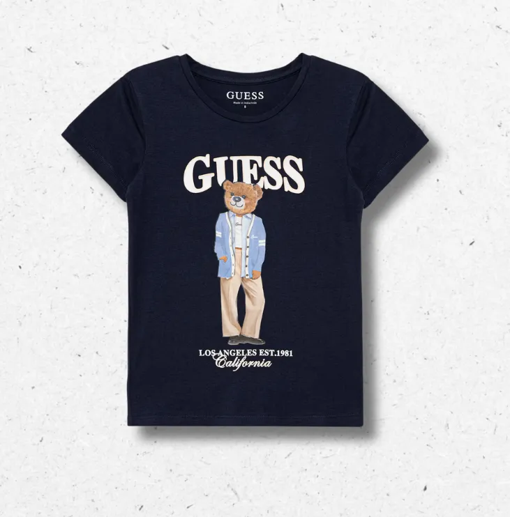 T-shirt Guess da ragazza blu, stampa orso, scollatura rotonda, regular fit