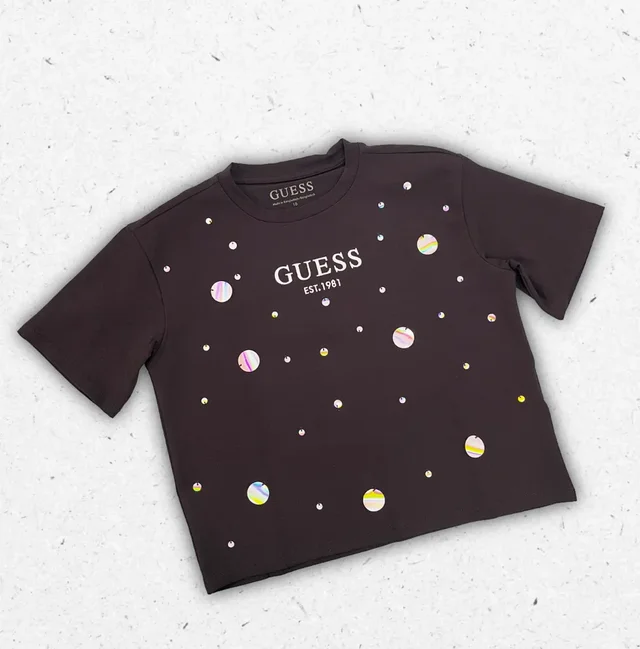 T-shirt Guess Ragazza Nera in Cotone con Logo Glam