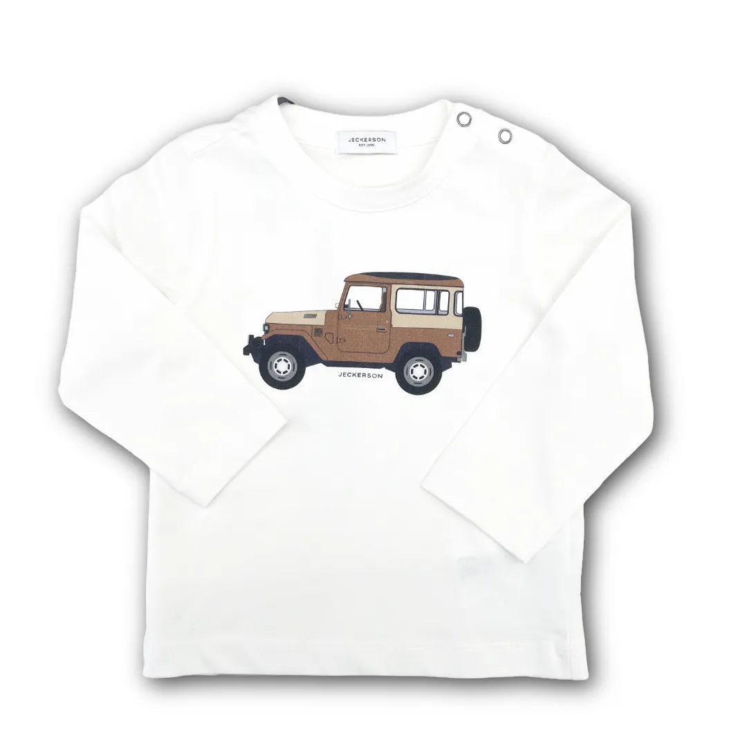 T-shirt Jeckerson a maniche lunghe in cotone bianca per bambino, con stampa di un fuoristrada marrone/beige.