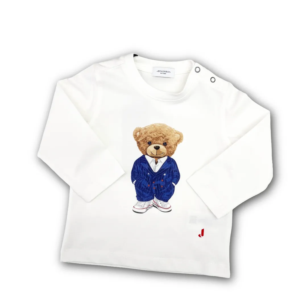 T-shirt Jeckerson a maniche lunghe in cotone bianca per bambino, con stampa di un orsetto in giacca blu.