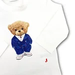 T-shirt Jeckerson a maniche lunghe in cotone bianca per bambino, con stampa di un orsetto in giacca blu. 1