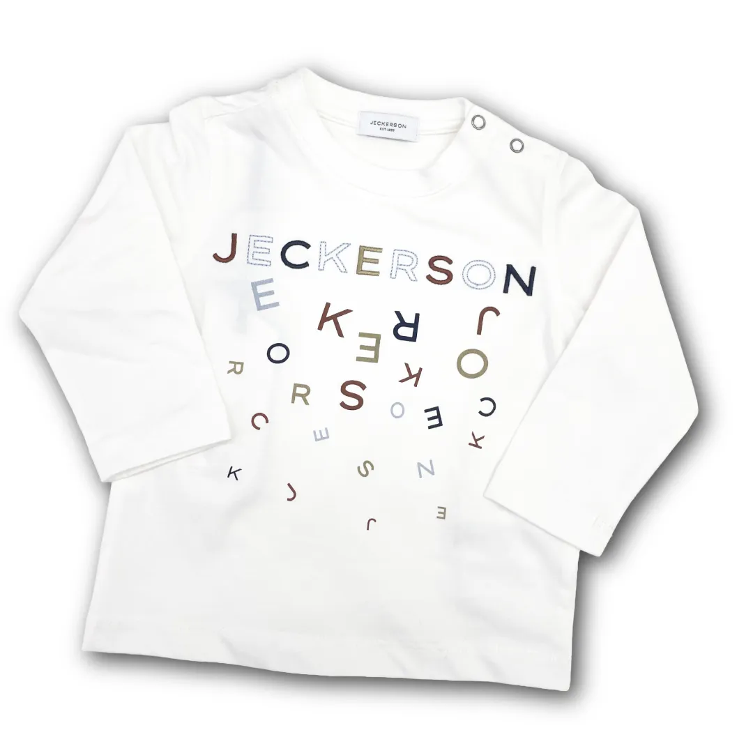 T-shirt Jeckerson a maniche lunghe in cotone color Latte per neonato, con stampa/ricamo frontale multicolore.