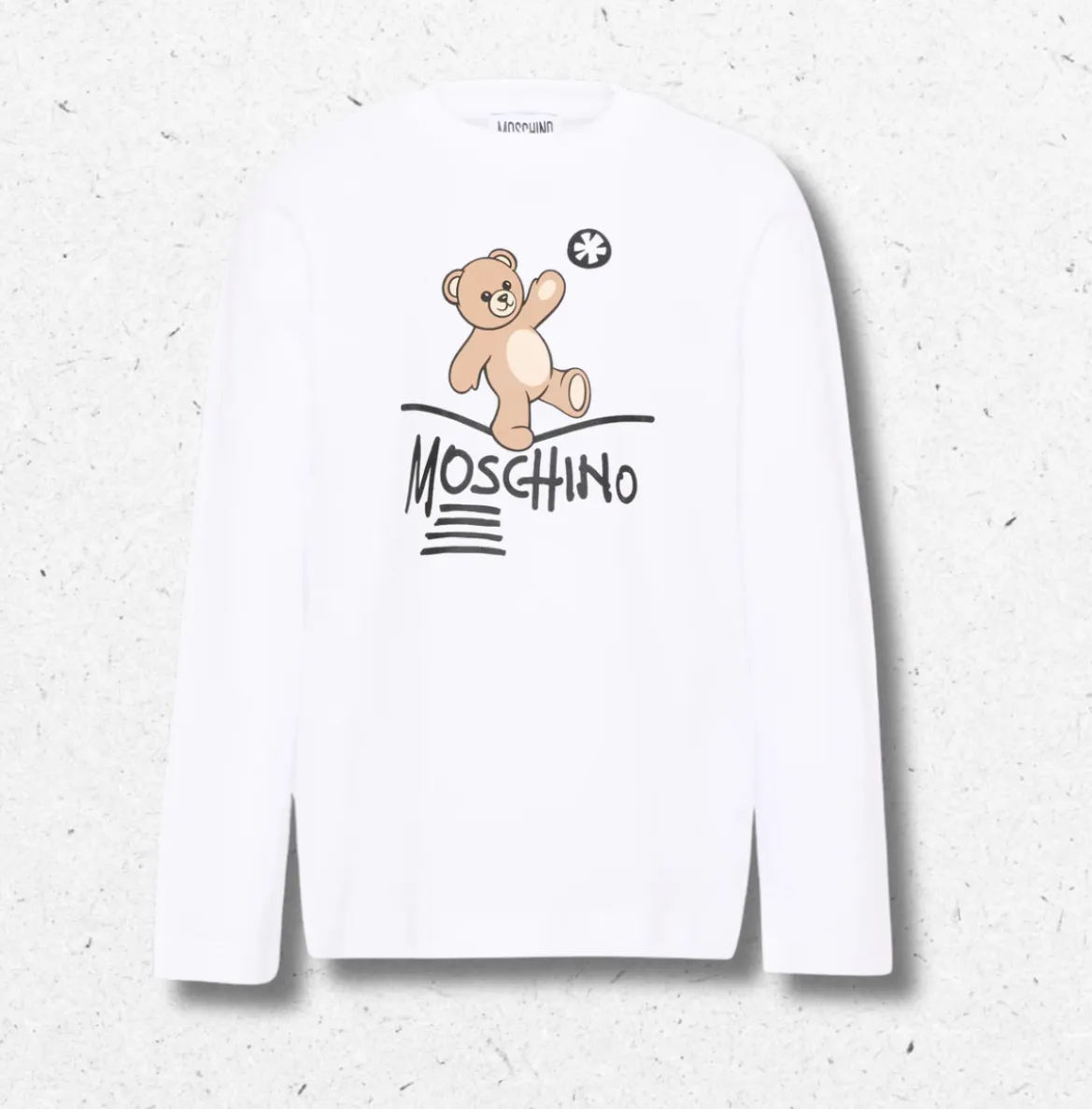 T-shirt Moschino Kids manica lunga in cotone bianco, stampa teddy bear con pallone, logo a contrasto
