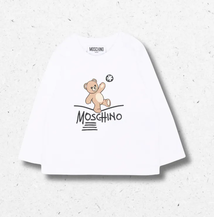 T-shirt Moschino Kids manica lunga in cotone bianco, neonato, stampa teddy bear con pallina, logo a contrasto