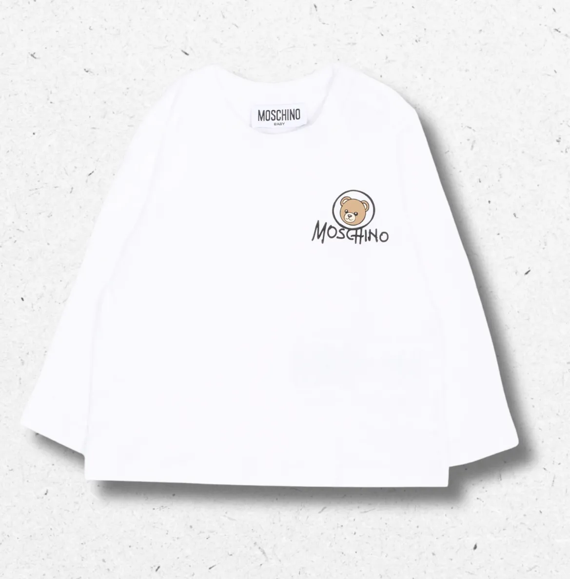 T-shirt Moschino Kids manica lunga in cotone, bianca o fucsia, neonato, mini stampa teddy bear circolare