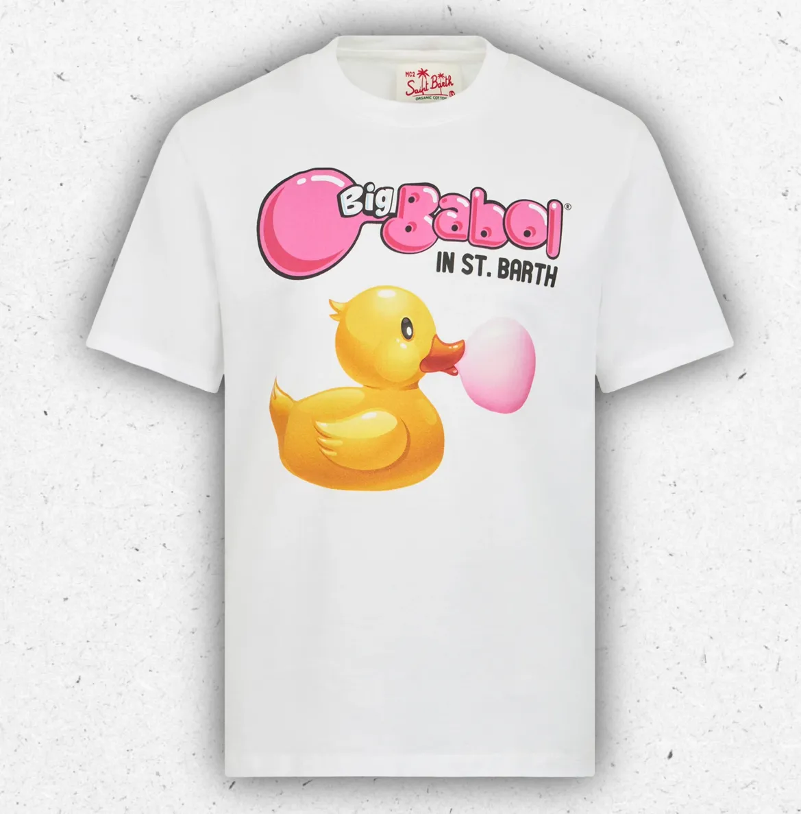 T-shirt bianca da bambino MC2 Saint Barth con stampa della papera Ducky edizione speciale Big Babol e logo ricamato sulla manica.