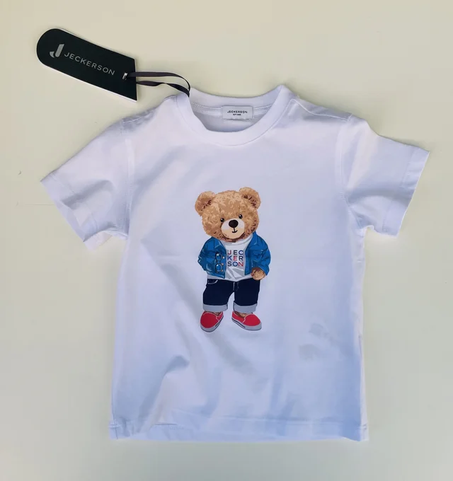 T-shirt maniche corte jersey Jeckerson bambino bianca e blu con stampa frontale