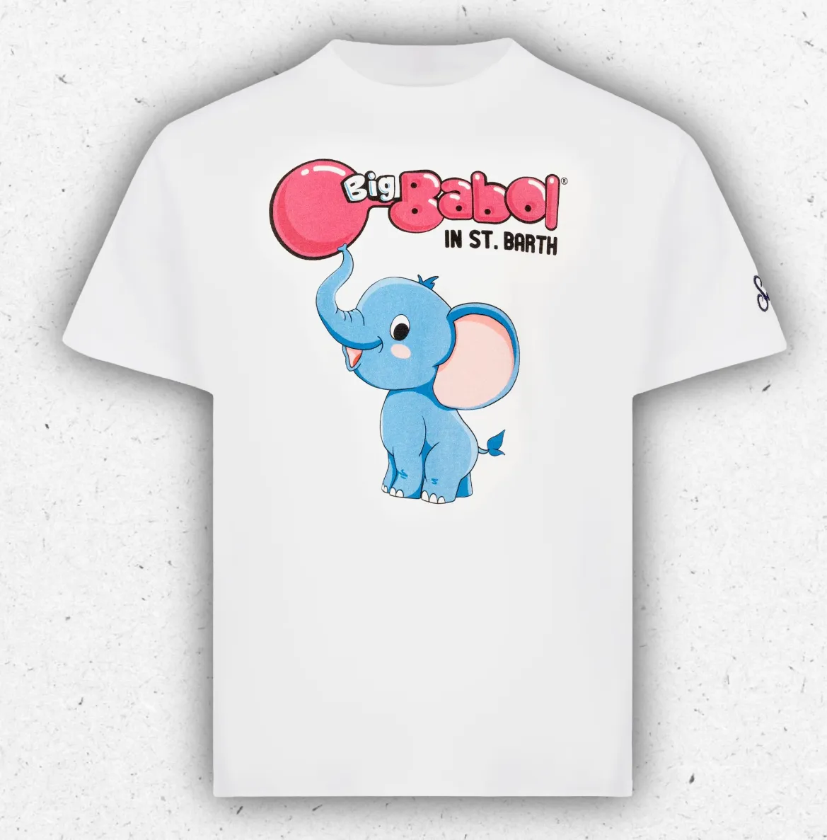 T-shirt bianca da ragazzo MC2 Saint Barth con stampa frontale dell'elefantino Big Babol e logo ricamato sulla manica.