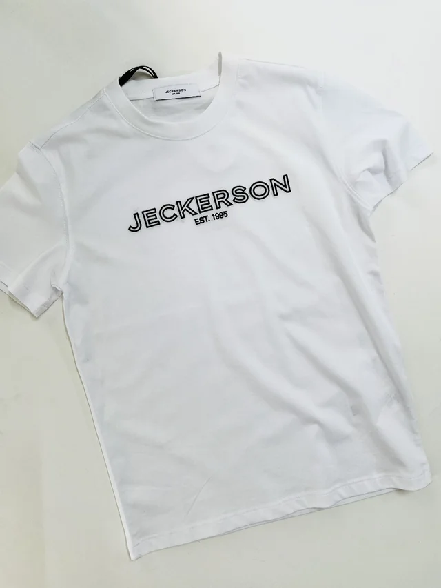 T-shirt maniche lunghe logo Jeckerson in jersey bianco e blu ragazzo