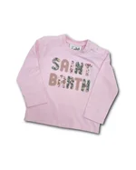 T-shirt a maniche lunghe MC2 Saint Barth per bambina, colore Rosa. Presenta sul davanti la scritta "SAINT BARTH" realizzata con patch a motivo floreale. 1