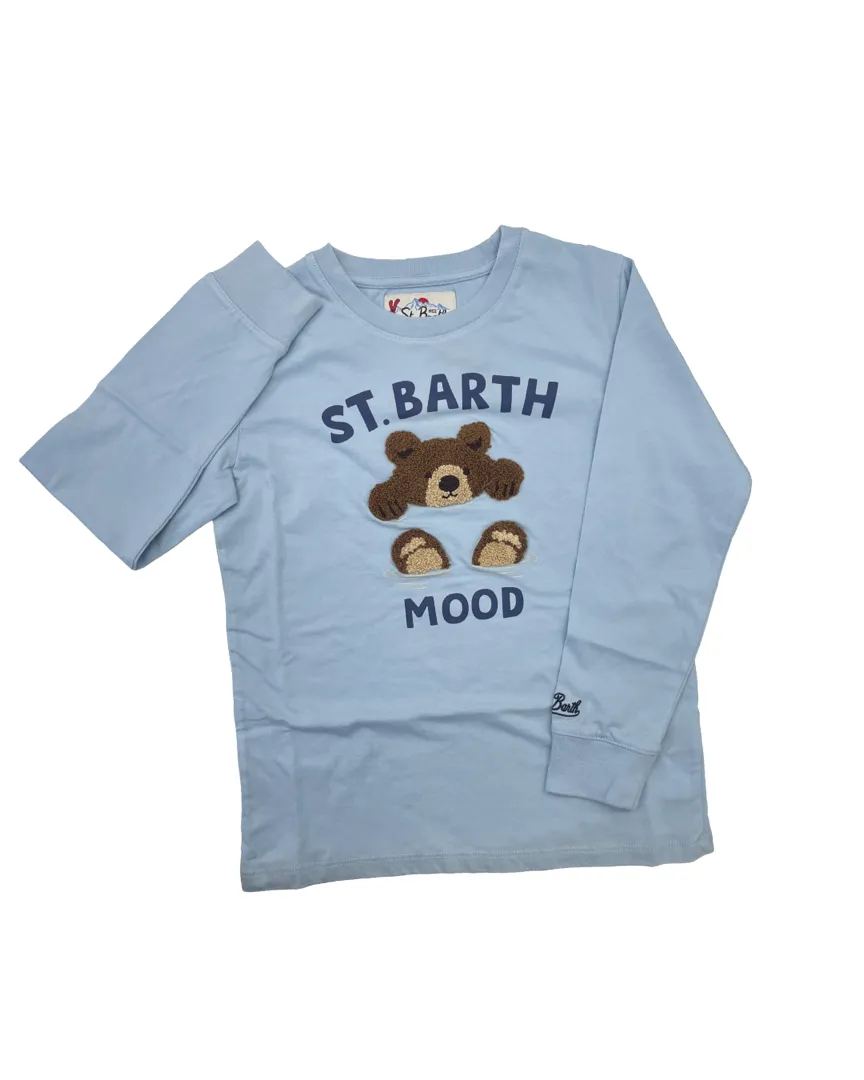 T-shirt a maniche lunghe MC2 Saint Barth per bambino, colore Azzurro Cielo. Presenta un ricamo di un orso sul davanti.