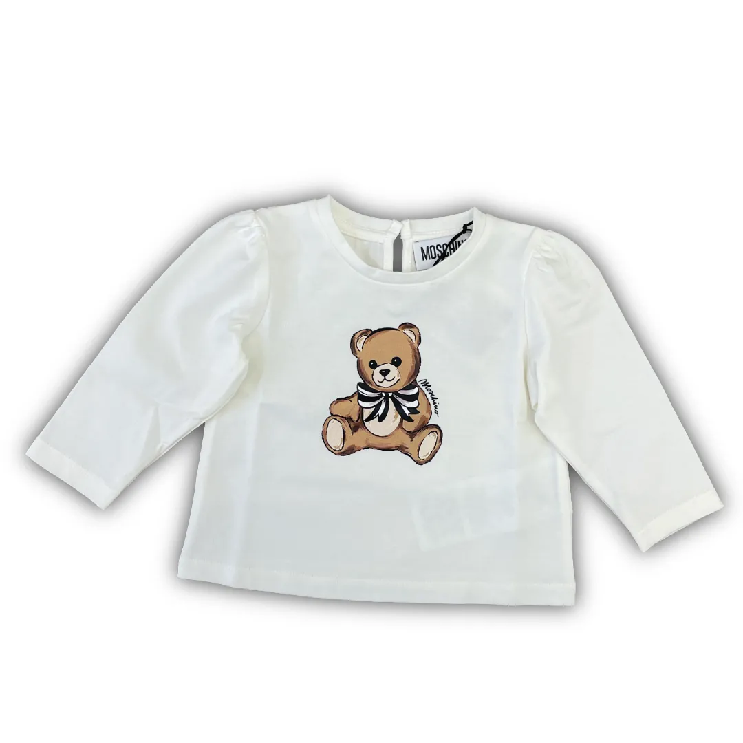 T-shirt a maniche lunghe Moschino Kids per neonata di colore panna/avorio, in cotone jersey con stampa frontale dell'Orsetto Teddy Bear.
