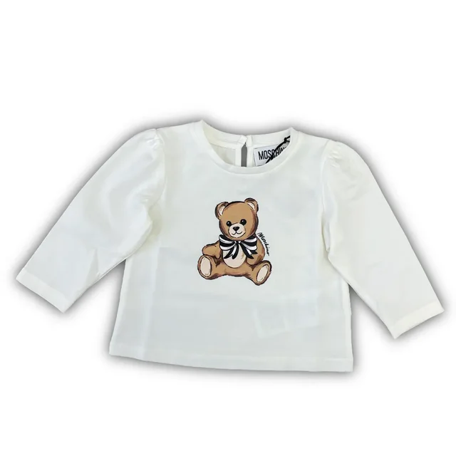 T-shirt Maniche Lunghe Moschino Kids per Neonata - Maglia in Cotone Panna con Stampa Teddy Bear