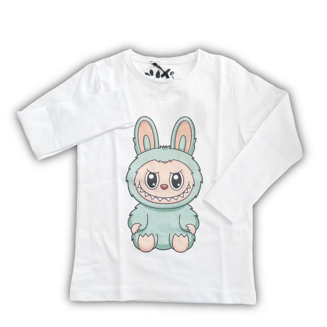 T-shirt a maniche lunghe in cotone bianco per neonato/bambino, con stampa centrale di un mostro coniglio verde (Labubu style).