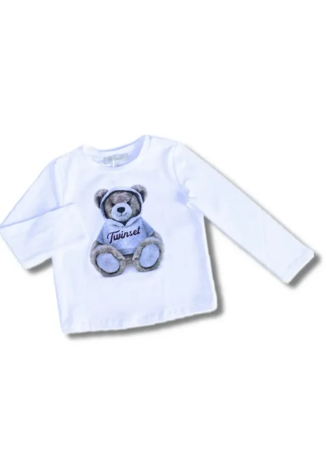 T-shirt Maniche Lunghe Twinset Bambina in Cotone Bianco Elasticizzato con Stampa Orsetto
