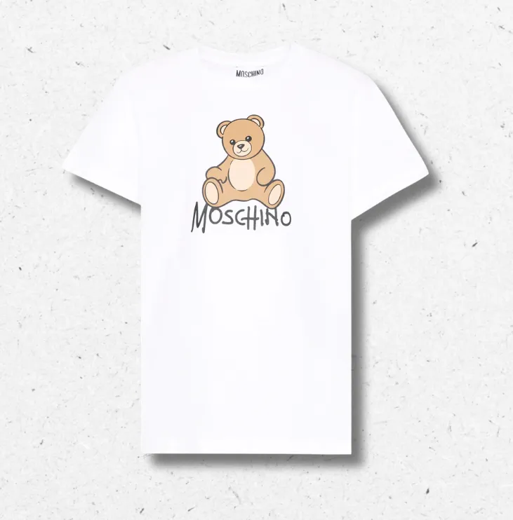 T-shirt Moschino Kids da ragazzo in cotone, bianca o fucsia, maxi stampa teddy bear, codice HNM05V