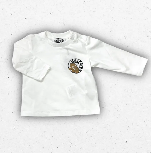 T-shirt Moschino Neonato Bianca a Maniche Lunghe con Teddy Bear Circle Logo