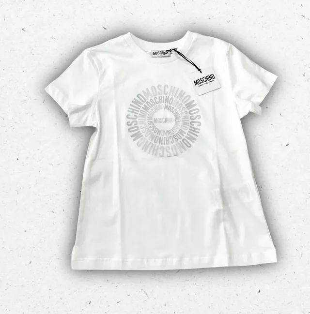 T-shirt Moschino Ragazzo Bianca in Cotone con Logo Circle concentrico