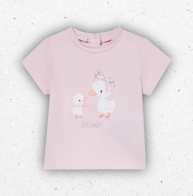 T-shirt Neonato Liu Jo Better Rosa in Cotone con Stampa e Bottoni a Pressione
